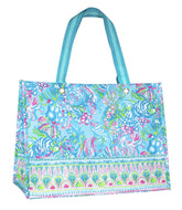 Lilly Pulitzer Aqua La Vista, bolsa de mercado XL con apertura amplia para compras y playa.