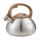 Tetera LuxGrace para estufa con cuerpo plateado y resistente.