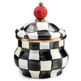 MACKENZIE-CHILDS azucarero esmaltado con tapa y cuadros blanco-negro, práctico para azúcar.