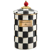 Mackenzie-Childs canister esmaltado Courtly Check, vista frontal para almacenamiento con estilo