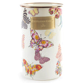 MacKenzie-Childs porta-utensilios esmaltado en jardín de mariposas, ideal para organizar utensilios de cocina con estilo.
