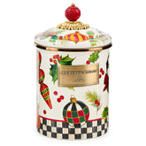 MacKenzie-Childs lata esmaltada Deck the Halls con adornos festivos, ideal para almacenamiento decorativo.