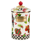 MacKenzie-Childs lata esmaltada con patrón navideño y tapa decorativa para almacenamiento