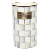 MACKENZIE-CHILDS porta utensilios esmaltado con patrón de cuadros gris, ideal para mantener utensilios a mano.