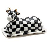 MACKENZIE-CHILDS Cow Creamery Mantequera con tapa, diseño vaca ceramica para la mesa.