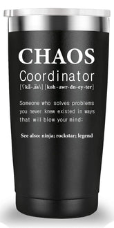 Mamihlap taza coordinador del caos 20oz negro, ideal para oficina diaria.