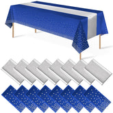 Mantel plástico MASHAN con puntos azul plata, ideal para fiestas elegantes.