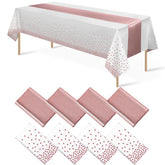 Mantel plástico Mashan con puntos rosa dorado; perfecto para fiestas y fácil de limpiar.