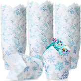 Maxdot forros tulipán con copos de nieve azul, ideales para decorar cupcakes festivos.