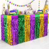 Mega-L Mardi Gras falda de mesa con franja tinsel púrpura-verde-oro para acabado festivo