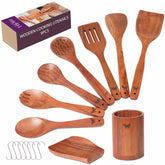 Melvvi set utensilios de cocina en madera acacia, 9 piezas para uso diario seguro