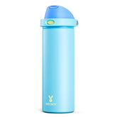 Meoky botella 24 oz azul, vista frontal con aislamiento y agarre cómodo.