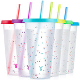Meoky vaso confetti con tapa y pajitas que cambian color al frío, ideal para fiestas.