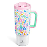 Meoky Leopardo tumbler 40oz con asa: cómodo de llevar diario y mantiene bebidas frías.