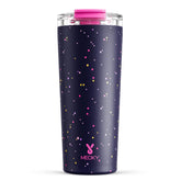 Meoky Plum Stardust con tapa antifugas, ideal para café caliente en movimiento.