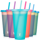 Vaso Meoky con cambio de color 24oz, tapa y pajillas, ideal para bebidas frías y fiestas.