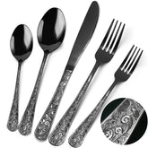Meythway set de cubiertos negro vintage para 8, vista frontal y elegante.