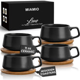 MIAMIO juego de tazas cerámica 11 oz con bandeja de madera para café