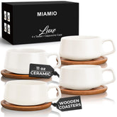 MIAMIO juego de tazas cerámicas 11 oz con base de madera, ideal para café o té diario.