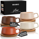 MIAMIO juego de tazas cerámica 11oz con base de bambú, ideal para café.
