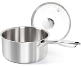 MICHELANGELO cazo-3qt-con-tapa-vista-superior para hervir salsas con distribución uniforme.