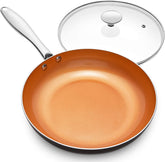 MICHELANGELO sarten cobre 12 pulgadas con tapa para control y seguridad al cocinar.