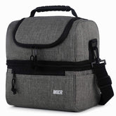 La bolsa MIER de doble piso gris para conservar comida fría o caliente durante el día.
