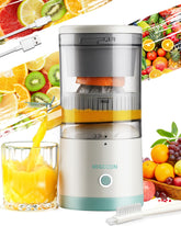 Extractor de jugos Migecon con naranja: jugo fresco rápido.