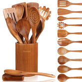 Mooues set de 12 cucharas de madera con portacucharas, práctico para cocinar y ordenar.