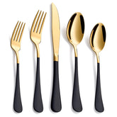 Conjunto de cubiertos Moxinox 20 piezas negro dorado, acabado espejo para mesa elegante.