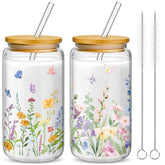 Vaso Mumufy con flor salvaje y tapa de bambú, ideal para café helado y estilo.