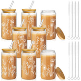 Vaso Mumufy bohemio floral 16oz, ideal para bebidas frías o calientes.