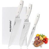 Musifan set cuchillos cocina 3 piezas mostrando el borde afilado para cortes precisos