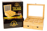 Naturustic caja de té bambú, vista frontal, muestra organización y elegancia natural.