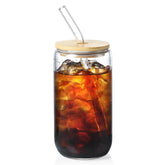 Vaso NETANY de vidrio 16 onzas con tapa de bambú y pajita reutilizable, perfecto para bebidas.