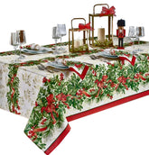 Mantel Newbridge navidad con acebos y bayas y cinta dorada, elegante para fiestas