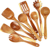 Nicyho set de utensilios de acacia natural con mangos largos para cocinar.