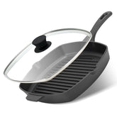 Sartén grill cuadrada Northriver Casting con tapa de vidrio para sellar jugos y sabor.