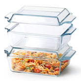 Conjunto Nutriups de dos bandejas de vidrio rectangulares con tapa para porciones controladas.