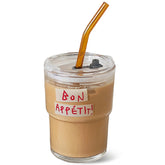 Vaso Olvini de vidrio 13 oz con tapa y pajilla, ideal para café frío.