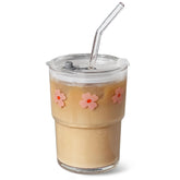 Vaso de cristal Olvini 13 onzas con tapa y pajilla, ideal para bebidas frías y calientes.