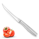 Cuchillo Omesata para tomate con filo serrado facilita cortes uniformes.