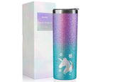 Onebttl Unicorn: vaso aislante 20oz con brillo azul morado y flor, uso diario recomendado.