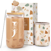 Oufrenn vaso de vidrio 16oz con monograma, tapa y pajilla para regalos sofisticados