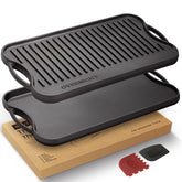Plancha reversible Overmont de 17x9,8 pulgadas para sellar carnes con dorado uniforme.