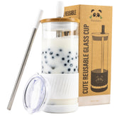 Pandaloo vaso cristal con tapas y pajillas, ideal para café frío y batidos