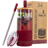 Vaso de cristal Pandaloo con tapas y pajita, ideal para bebidas frías sobre la marcha