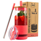 Pandaloo vaso de vidrio con tapa y pajilla de veinte onzas coral, ideal para bebidas frías.