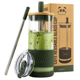 Vaso de vidrio Pandaloo con tapa y pajilla para bebidas frías y rápidas