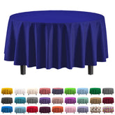 Mantel plástico redondo Party Solids azul marino para protección y presentación elegante de la mesa.
